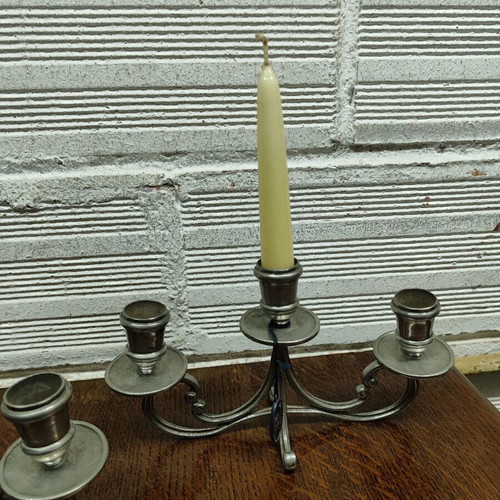 Pewter pair of three-arm candlesticks like new