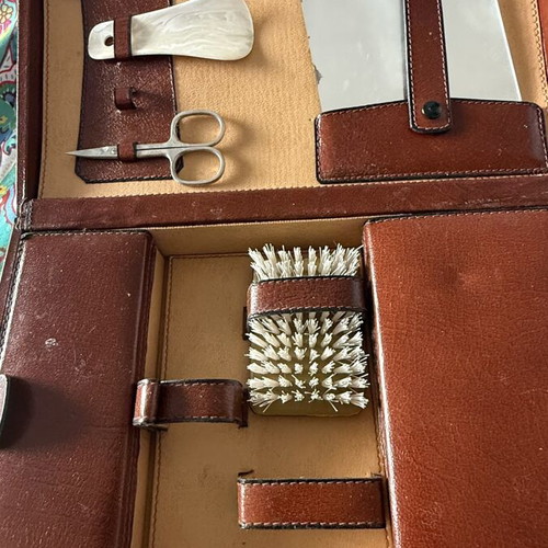 Leather travel grooming and shoe care set used