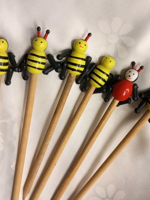 Wooden pencils with vintage animal figures set of 6 used