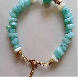 Βραχιόλι με ημιπολύτιμους λίθους νεφρίτη σε γαλάζιο χρώμα. Bracelet, semi-precious stones, jade, pearl, gemstone, πέτρα