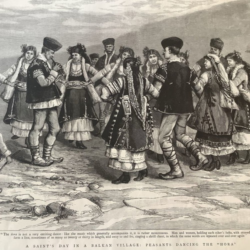 Woodcut 1892 Balkan traditional Zonaradikos dance "Hora" used 40x30cm