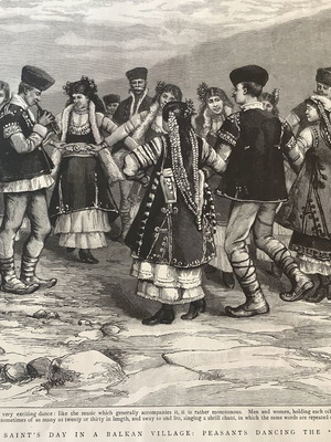 Ξυλγραφία 1892 Βαλκανικός παραδοσιακός ζωναράδικος χορός «Χώρα» μεταχειρισμένη 40x30cm
