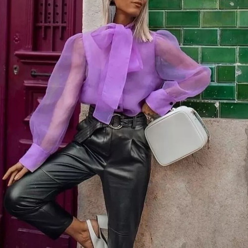 Zara Sheer Shirt With Bow Used, Pink-Purple, Small