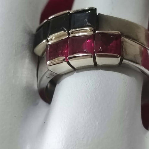 Silver and gold rings like new with red and blue princess cut zircon