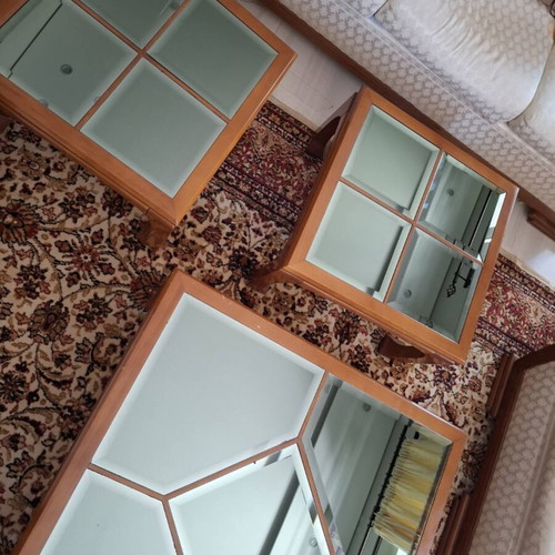 Square coffee table set with mirrored top for living room