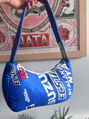 Suzuki shoulder bag satin blue used handmade