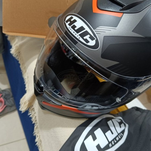 HJC motorcycle helmet, black and orange, size L