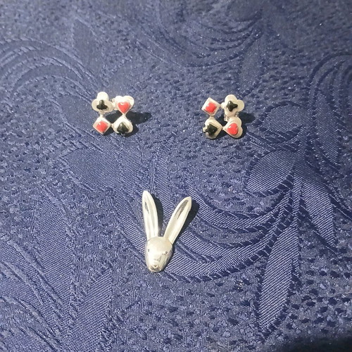 Playing Card Earrings Set and Lucky Bunny Pendant Silver 925 new