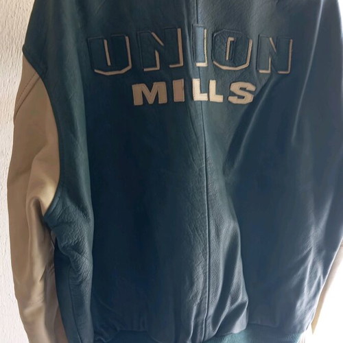 Union Mills Leather Bomber Jacket new beige green