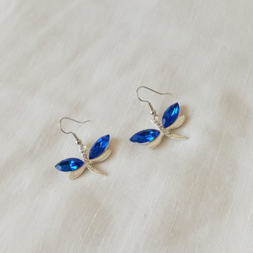 Dragonfly earrings new with blue crystals and silver stainless steel