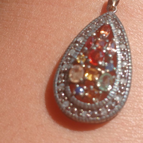 Pendant with semiprecious stones and diamonds, 925 silver and 9k gold ring