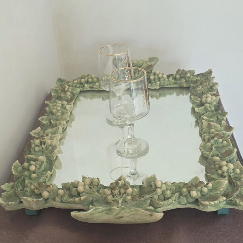 Handmade serving tray with mirror and embossed grapevine frame, like new
