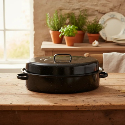 Traditional Oval Enamel Roasting Pan 42x32cm N&M with Internal Rack new