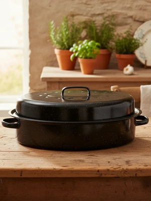 Traditional Oval Enamel Roasting Pan 42x32cm N&M with Internal Rack new