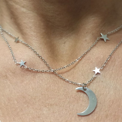 Steel necklace new with double chain and crescent moon detail