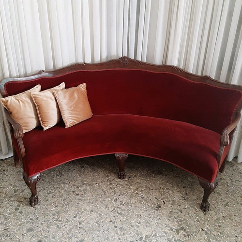 Semi-circular aristocratic sofa handmade like new, velvet walnut