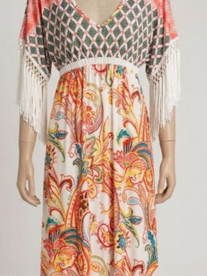 New Line Summer Dress with Batwing Sleeves and Fringes like new, multicolor