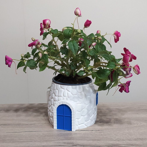 3D Printed Stone House Planter with Blue Door, New Greek Decor