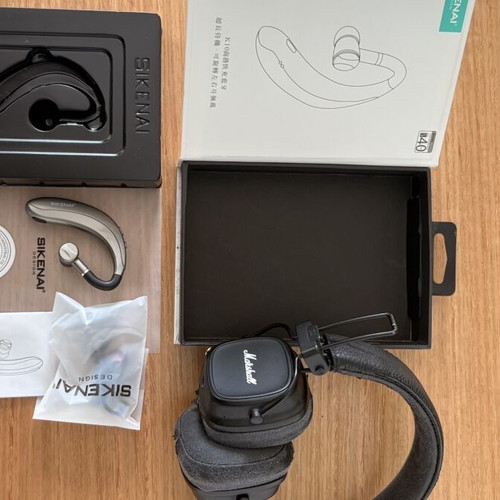 Sikenai LY-K10 Single-Ear Wireless Headset brand new and Marshall Over-Ear Headphones used for parts