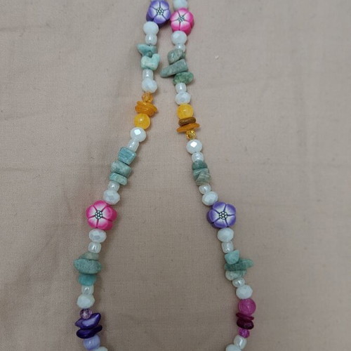 Necklace with colorful fimo flowers and steel clasp new