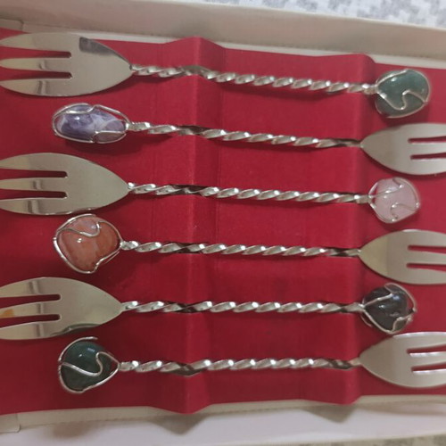 Set of 6 vintage Barasch Sylmar cocktail forks with semi-precious stones