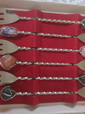 Set of 6 vintage Barasch Sylmar cocktail forks with semi-precious stones