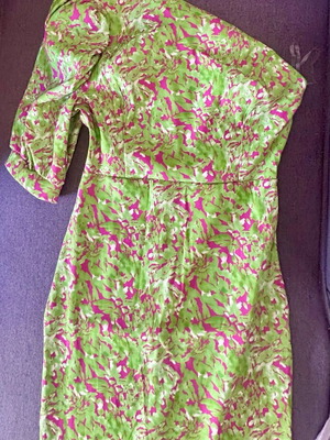 Colorful fitted dress with one shoulder and puffy sleeve, like new