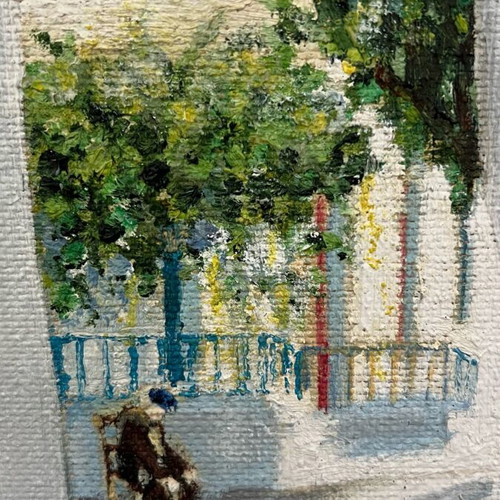 Oil painting used, Greek village scene by K.K. Konstantinou Kevga, 1980