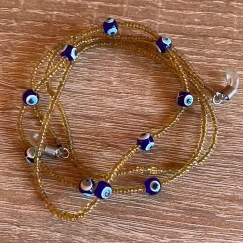 Eyeglass chain with beads and blue evil eye charms, new, 73 cm