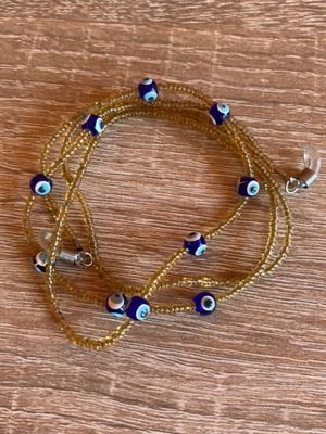 Eyeglass chain with beads and blue evil eye charms, new, 73 cm