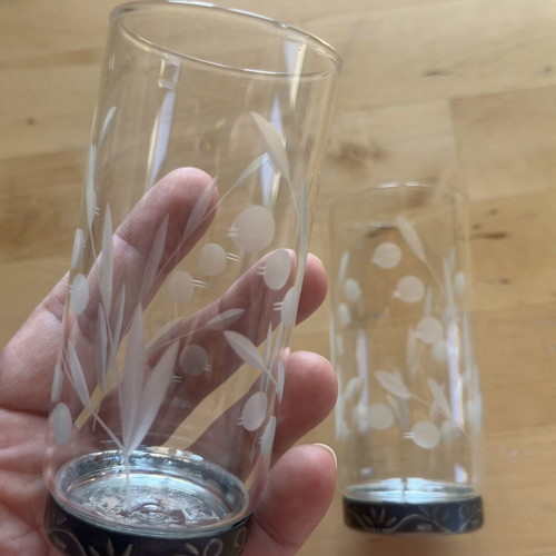 Engraved glass cups with metal base used, pack