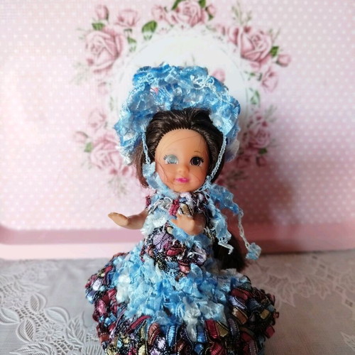 Miniature Doll New with Handmade Dress and Hat 10cm