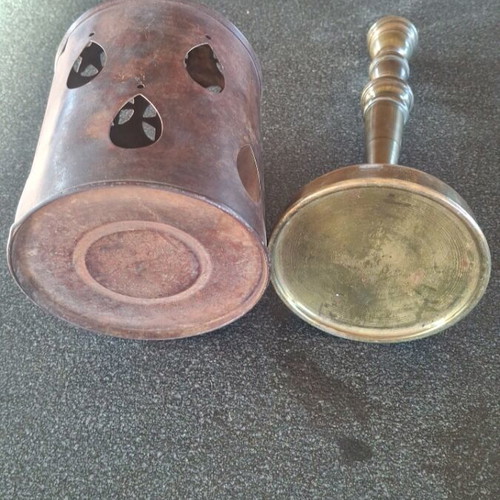 Brass candlestick and candle holder used, 24 cm and 19 cm height