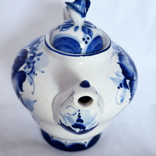 Gzhel porcelain handmade teapot coffee pot used 1990s