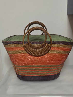 Straw beach bag with wooden handles used, multicolor