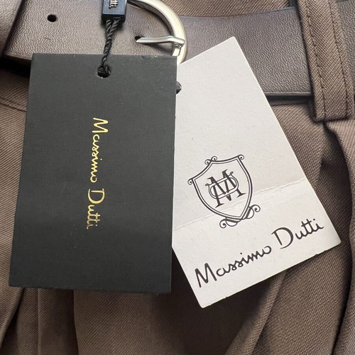 Massimo Dutti women's beige high-waisted pleated wide-leg trousers with belt