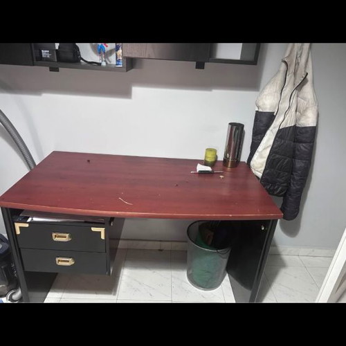 Wooden desk used, two drawers, dark red and black