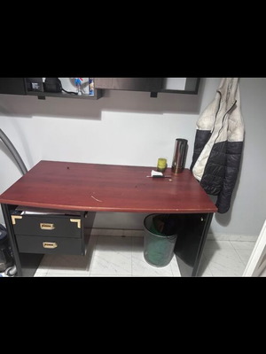 Wooden desk used, two drawers, dark red and black