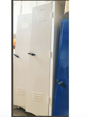 Metal staff lockers, set of three, two white and one blue