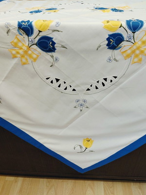 Square cutwork tablecloth 1.30m with embroidery and blue border, new