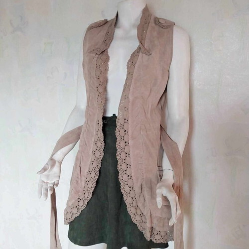 Vintage French long women's leather vest with lace and belt used