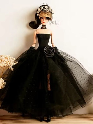 Συλλεκτικό φόρεμα κούκλας Black Rose καινούργιο, μαύρο με τριαντάφυλλο