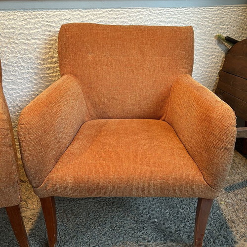 Armchair set vintage used, terracotta color, wooden legs