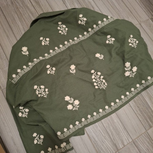 Zara embroidered linen-blend jacket XL like new, khaki with white floral