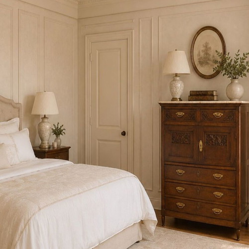 1930 linen cabinet with white marble, Louis XVI and Art Deco style