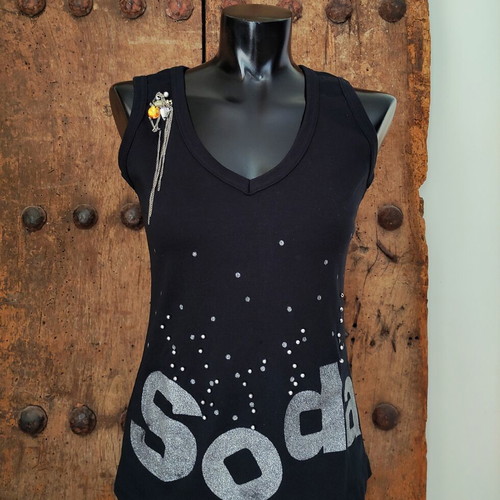 Y2k Black Rock Chic Tank Top with Silver Glitter Slogan and Brooch