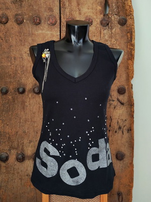 Y2k Black Rock Chic Tank Top with Silver Glitter Slogan and Brooch