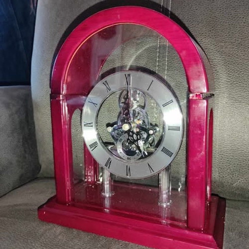 David Peterson Skeleton Mantel Clock like new, wooden with glass