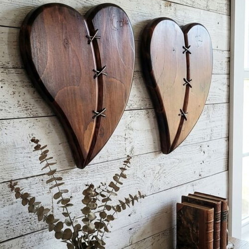 Set of 2 handmade cedar wood hearts wall decor
