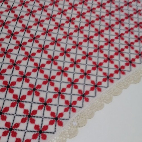 Large embroidered table runner used with handmade lace